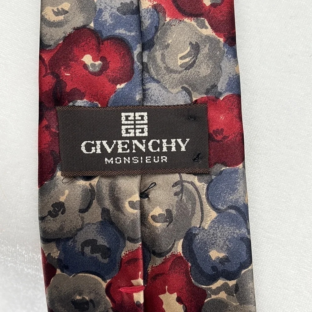 Vintage Givenchy Silk Floral Tie Red Blue Gray